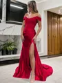 Sheath/Column Off-the-Shoulder Sleeveless Sweep Train Sexy Silk like Satin Corset Prom Dress With Slit