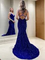 Sheath/Column V-Neck Sleeveless Sweep Train Glimmering Velvet Sequins Prom Dress