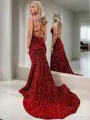 Sheath/Column V-Neck Sleeveless Sweep Train Glimmering Velvet Sequins Prom Dress