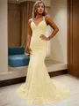 Sheath/Column V-Neck Sleeveless Sweep Train Glimmering Velvet Sequins Prom Dress