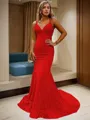 Sheath/Column V-Neck Sleeveless Sweep Train Glimmering Velvet Sequins Prom Dress