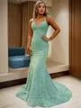 Sheath/Column V-Neck Sleeveless Sweep Train Glimmering Velvet Sequins Prom Dress