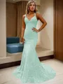 Sheath/Column V-Neck Sleeveless Sweep Train Glimmering Velvet Sequins Prom Dress