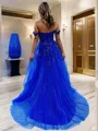A-line Princess Off-the-Shoulder Sleeveless Sweep Train Tulle Trendy Corset Prom Dress With Slit