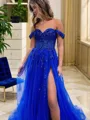 A-line Princess Off-the-Shoulder Sleeveless Sweep Train Tulle Trendy Corset Prom Dress With Slit