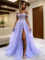 A-line Princess Off-the-Shoulder Sleeveless Sweep Train Tulle Trendy Corset Prom Dress With Slit