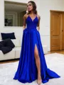 Fashion A-line V-Neck Sleeveless Sweep Train Silk like Satin Prom Dress With Slit