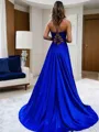 Fashion A-line V-Neck Sleeveless Sweep Train Silk like Satin Prom Dress With Slit