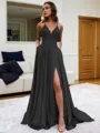 Fashion A-line V-Neck Sleeveless Sweep Train Silk like Satin Prom Dress With Slit