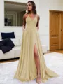 Fashion A-line V-Neck Sleeveless Sweep Train Silk like Satin Prom Dress With Slit
