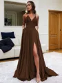 Fashion A-line V-Neck Sleeveless Sweep Train Silk like Satin Prom Dress With Slit
