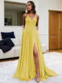 Fashion A-line V-Neck Sleeveless Sweep Train Silk like Satin Prom Dress With Slit