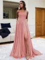 Fashion A-line V-Neck Sleeveless Sweep Train Silk like Satin Prom Dress With Slit