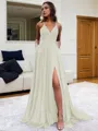 Fashion A-line V-Neck Sleeveless Sweep Train Silk like Satin Prom Dress With Slit