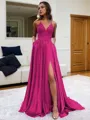 Fashion A-line V-Neck Sleeveless Sweep Train Silk like Satin Prom Dress With Slit