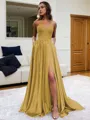 Fashion A-line V-Neck Sleeveless Sweep Train Silk like Satin Prom Dress With Slit