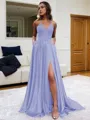 Fashion A-line V-Neck Sleeveless Sweep Train Silk like Satin Prom Dress With Slit