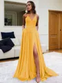 Fashion A-line V-Neck Sleeveless Sweep Train Silk like Satin Prom Dress With Slit
