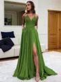Fashion A-line V-Neck Sleeveless Sweep Train Silk like Satin Prom Dress With Slit