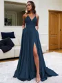 Fashion A-line V-Neck Sleeveless Sweep Train Silk like Satin Prom Dress With Slit
