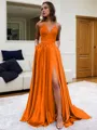 Fashion A-line V-Neck Sleeveless Sweep Train Silk like Satin Prom Dress With Slit