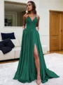 Fashion A-line V-Neck Sleeveless Sweep Train Silk like Satin Prom Dress With Slit