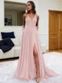 Fashion A-line V-Neck Sleeveless Sweep Train Silk like Satin Prom Dress With Slit