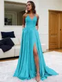 Fashion A-line V-Neck Sleeveless Sweep Train Silk like Satin Prom Dress With Slit
