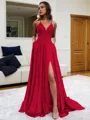 Fashion A-line V-Neck Sleeveless Sweep Train Silk like Satin Prom Dress With Slit