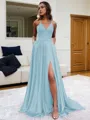 Fashion A-line V-Neck Sleeveless Sweep Train Silk like Satin Prom Dress With Slit