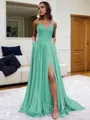 Fashion A-line V-Neck Sleeveless Sweep Train Silk like Satin Prom Dress With Slit