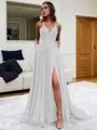 Fashion A-line V-Neck Sleeveless Sweep Train Silk like Satin Prom Dress With Slit