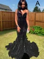 Trumpet/Mermaid Sweetheart Sleeveless Dazzling Sweep Train Velvet Sequins Prom Dress