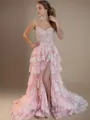 A-line Princess Straps Sleeveless Court Train Glam Tulle Corset Prom Dress With Slit