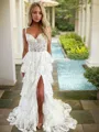A-line Princess Straps Sleeveless Court Train Glam Tulle Corset Prom Dress With Slit