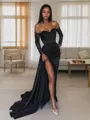 Empowering Sheath/Column Off-the-Shoulder Long Sleeves Sweep Train Silk like Satin Prom Dress With Slit