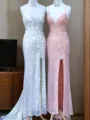 Sheath/Column V-Neck Sleeveless Sweep Train Luminescent Sequins Prom Dress With Slit
