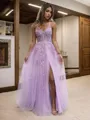 A-line Princess V-Neck Sleeveless Floor-Length Tulle Pretty Corset Prom Dress With Slit