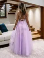 A-line Princess V-Neck Sleeveless Floor-Length Tulle Pretty Corset Prom Dress With Slit