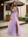 A-line Princess V-Neck Sleeveless Floor-Length Tulle Pretty Corset Prom Dress With Slit