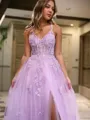 A-line Princess V-Neck Sleeveless Floor-Length Tulle Pretty Corset Prom Dress With Slit