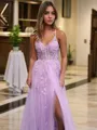 A-line Princess V-Neck Sleeveless Floor-Length Tulle Pretty Corset Prom Dress With Slit