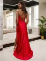 Slinky Sheath/Column Spaghetti Straps Sleeveless Sweep Train Silk like Satin Corset Prom Dress With Slit