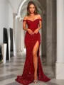 Sheath/Column Glistening Off-the-Shoulder Short Sleeves Sweep Train Velvet Sequins Prom Dress