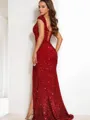 Sheath/Column Glistening Off-the-Shoulder Short Sleeves Sweep Train Velvet Sequins Prom Dress