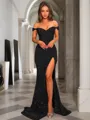 Sheath/Column Glistening Off-the-Shoulder Short Sleeves Sweep Train Velvet Sequins Prom Dress