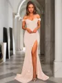 Sheath/Column Glistening Off-the-Shoulder Short Sleeves Sweep Train Velvet Sequins Prom Dress