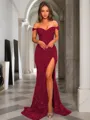 Sheath/Column Glistening Off-the-Shoulder Short Sleeves Sweep Train Velvet Sequins Prom Dress