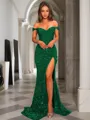 Sheath/Column Glistening Off-the-Shoulder Short Sleeves Sweep Train Velvet Sequins Prom Dress
