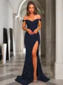 Sheath/Column Glistening Off-the-Shoulder Short Sleeves Sweep Train Velvet Sequins Prom Dress